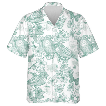 Japanese Cherry Bird And Butterflies Green And White Hawaiian Shirt, Hawaiian Shirt Gift, Christmas Gift