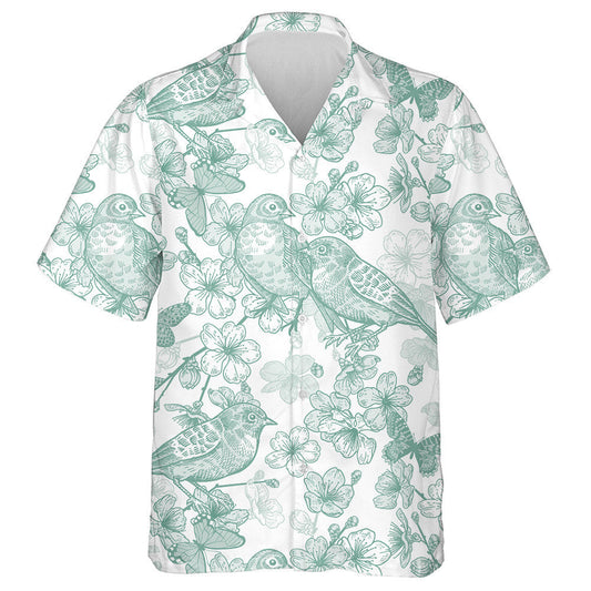 Japanese Cherry Bird And Butterflies Green And White Hawaiian Shirt, Hawaiian Shirt Gift, Christmas Gift