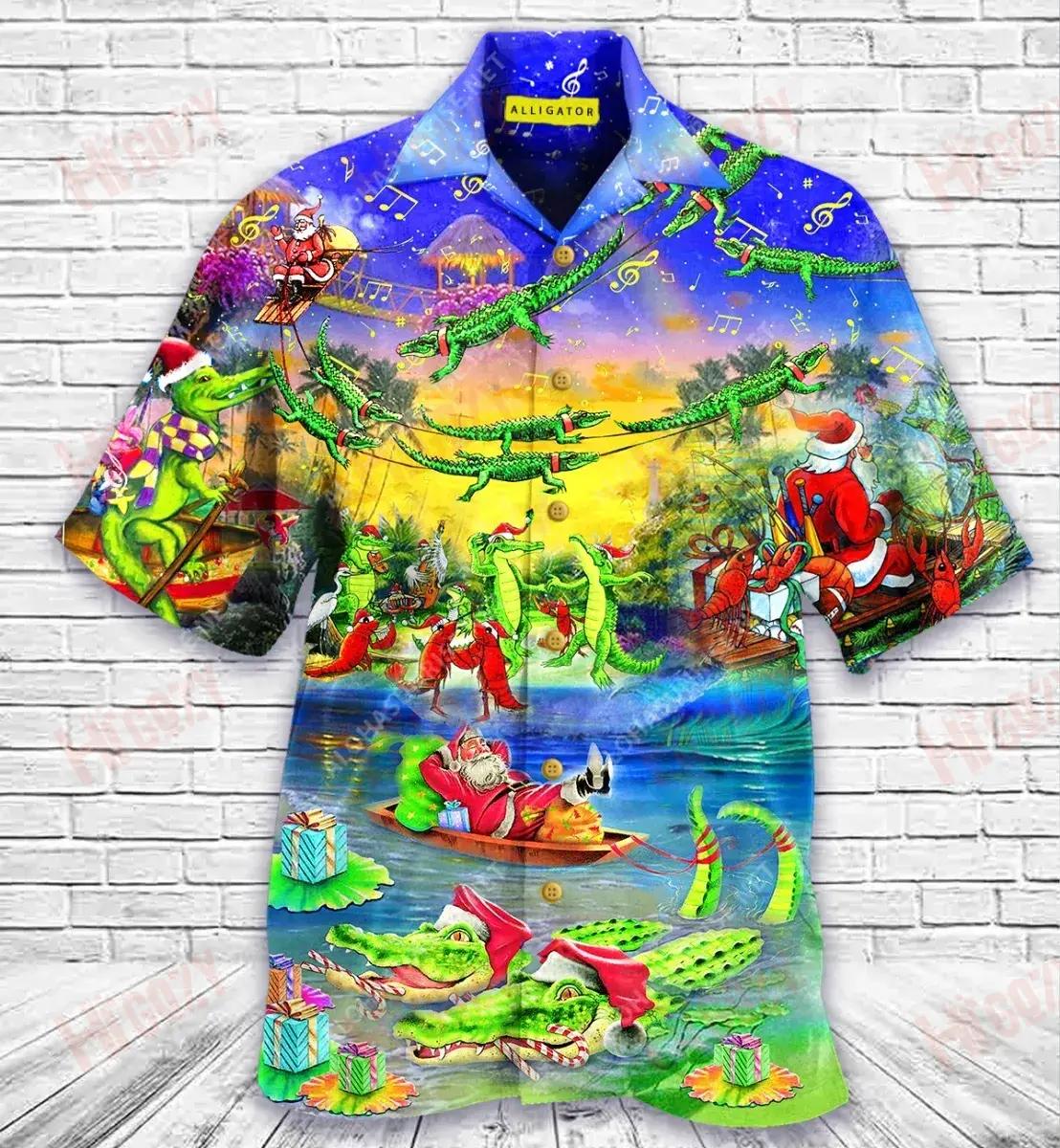 Santa Riding Alligator Short Hawaiian Shirt Summer Short Sleeve Custom Hawaiian Shirts Hawaiian Shirts For Women, Hawaiian Shirt Gift, Christmas Gift
