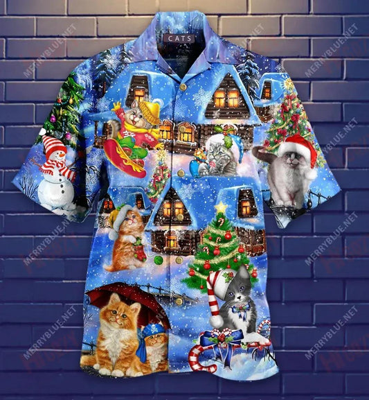 Meow Meow Cats Merry Xmas Short Hawaiian Shirt Ocean Short Sleeve Vintage Hawaiian Shirts Hawaiian Shirts For Women, Hawaiian Shirt Gift, Christmas Gift