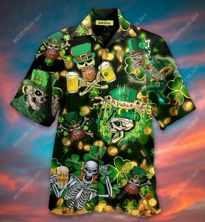 St. Patrick'S Day Skull Short Hawaiian Shirt Vacation Tropical Shirts Hawaiian Crazy Shirts Funny Hawaiian Shirts, Hawaiian Shirt Gift, Christmas Gift