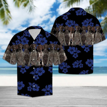 Awesome German Shorthaired Pointer On Navy Hibiscus Striped Hawaiian Shirt, Hawaiian Shirt Gift, Christmas Gift