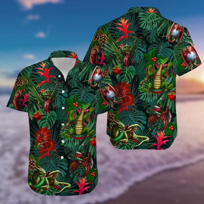 Christmas Dragon Green And Red Background Hawaiian Shirt, Hawaiian For Gift