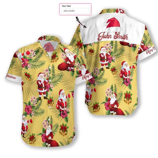 Frohe Weihnachten Weihnachtsmann und Blume Hawaiihemd benutzerdefinierten Namen, Hawaiihemd Geschenk, Weihnachtsgeschenk