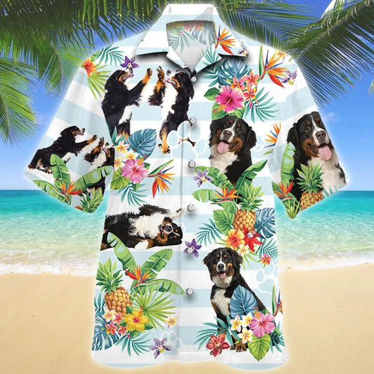 Bernese Mountain Cute Dog Tropical Flower Striped Pattern Hawaiian Shirt, Hawaiian Shirt Gift, Christmas Gift