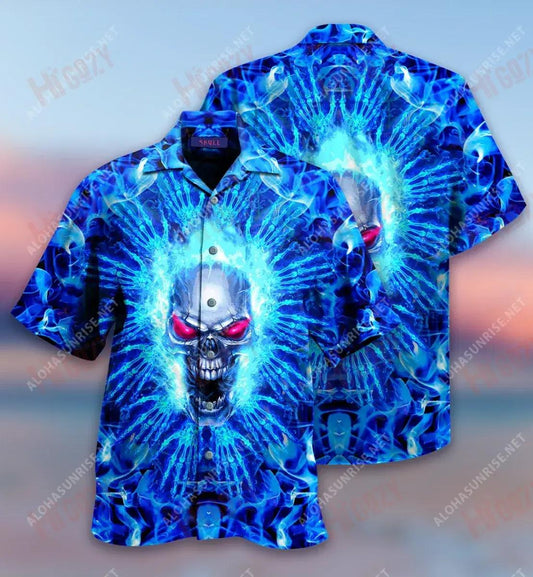 Blue Firing Skull Short Sleeve Shirt Summer Hawaiian T Shirts Best Hawaiian Shirts Hawaiian Shirt Pattern, Hawaiian Shirt Gift, Christmas Gift