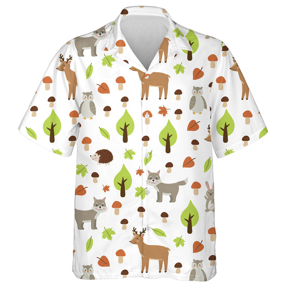 Cute Cartoon Wolf Hedgehog And Owl Autumn Woodland Hawaiian Shirt, Hawaiian Shirt Gift, Christmas Gift