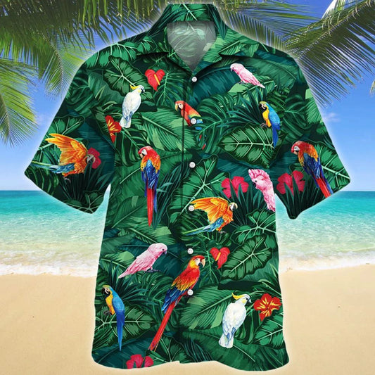 Tropical Parrots Dark Green Theme Lovers Gift Hawaiian Shirt, Hawaiian Shirt Gift, Christmas Gift
