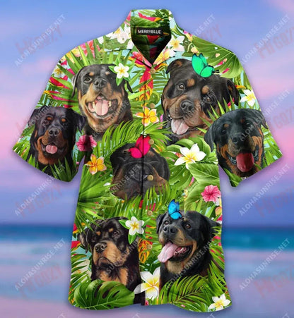 Happy Summer With Rottweiler Unisex Hawaiian Shirt Summer Short Sleeve Custom Hawaiian Shirts Hawaiian Shirts For Men, Hawaiian Shirt Gift, Christmas Gift