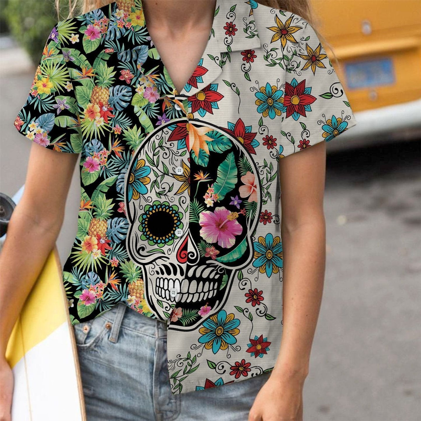 Best Gift Ideal Sugar Skull Tropical Plants Pattern Hawaiian Shirt, Hawaiian Shirt Gift, Christmas Gift