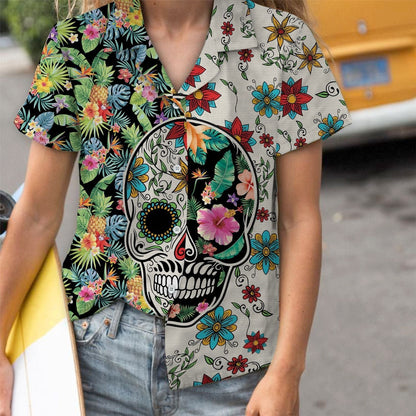 Best Gift Ideal Sugar Skull Tropical Plants Pattern Hawaiian Shirt, Hawaiian Shirt Gift, Christmas Gift