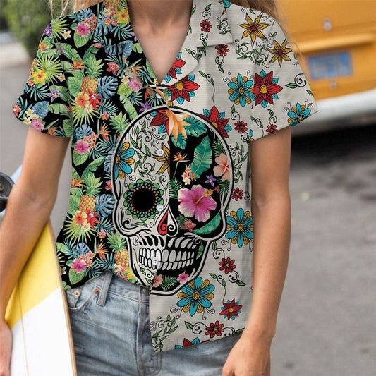 Best Gift Ideal Sugar Skull Tropical Plants Pattern Hawaiian Shirt, Hawaiian Shirt Gift, Christmas Gift