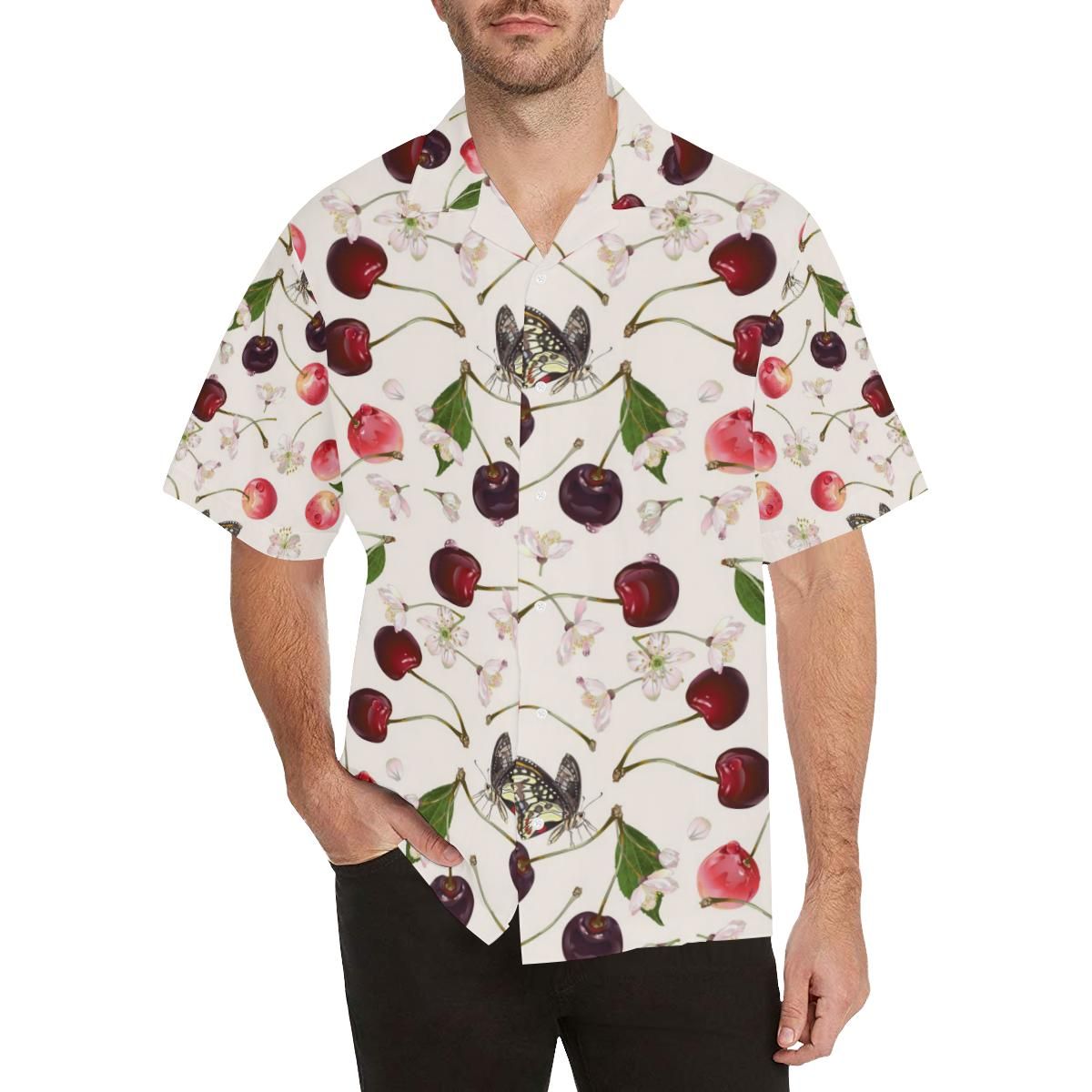 Cherry Flower Butterfly Pattern Men'S All Over Print Hawaiian Aloha Shirt Hawaiian Shorts Beach Short Sleeve_Hawaiian Shirt Gift, Christmas Gift