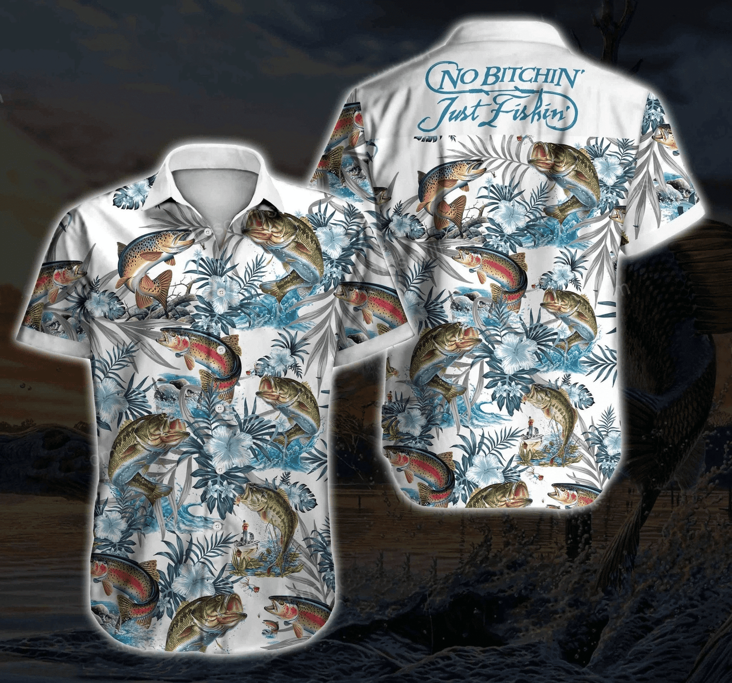 Just Fishing Tropical Plant Pattern White Theme Hawaiian Shirt, Hawaiian Shirt Gift, Christmas Gift