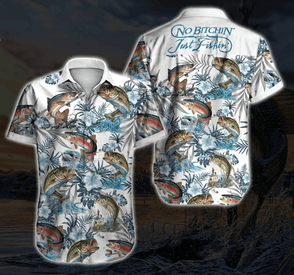 Just Fishing Tropical Plant Pattern White Theme Hawaiian Shirt, Hawaiian Shirt Gift, Christmas Gift