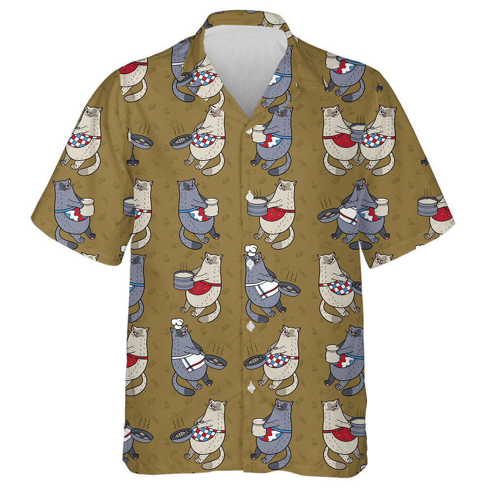 Cute Cats And Dishes On The Brown Hawaiian Shirt,Hawaiian Shirt Gift, Christmas Gift