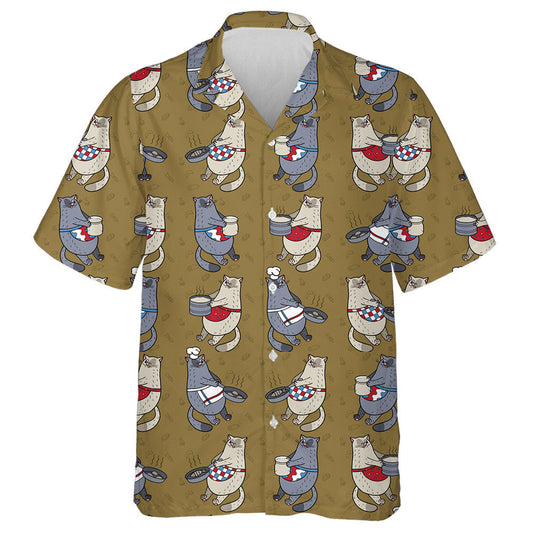 Cute Cats And Dishes On The Brown Hawaiian Shirt,Hawaiian Shirt Gift, Christmas Gift