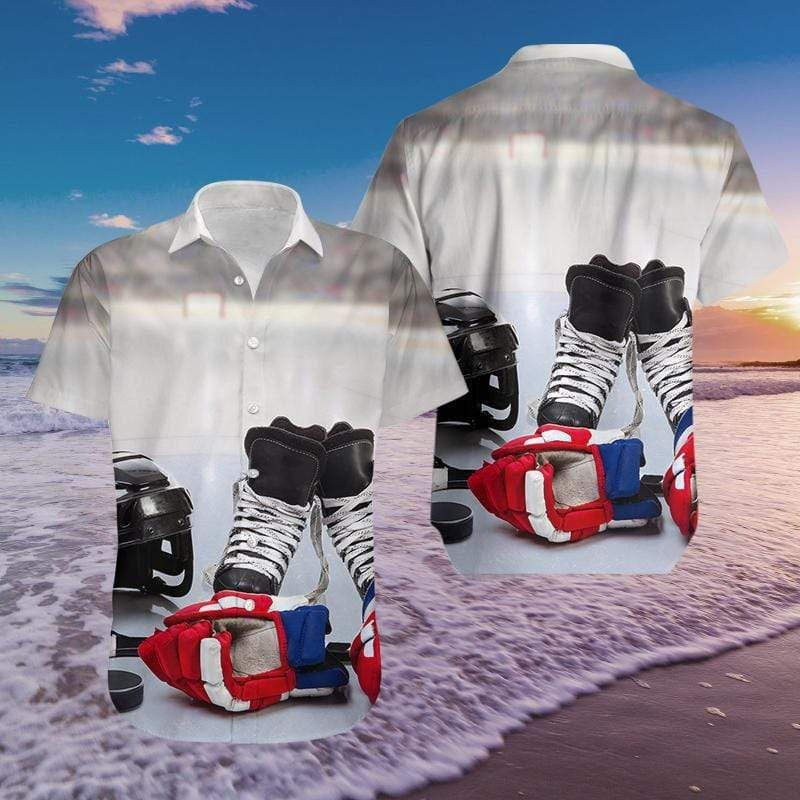 Hockey Skate Helmet And Puck Hawaiian Shirt, Hawaiian For Gift