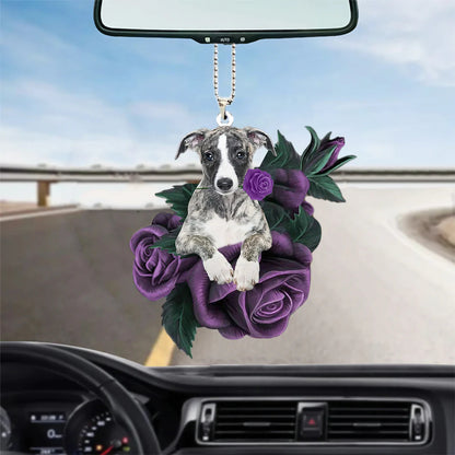 Whippet In Purple Rose Car Hanging Ornament, Christmas Decoration