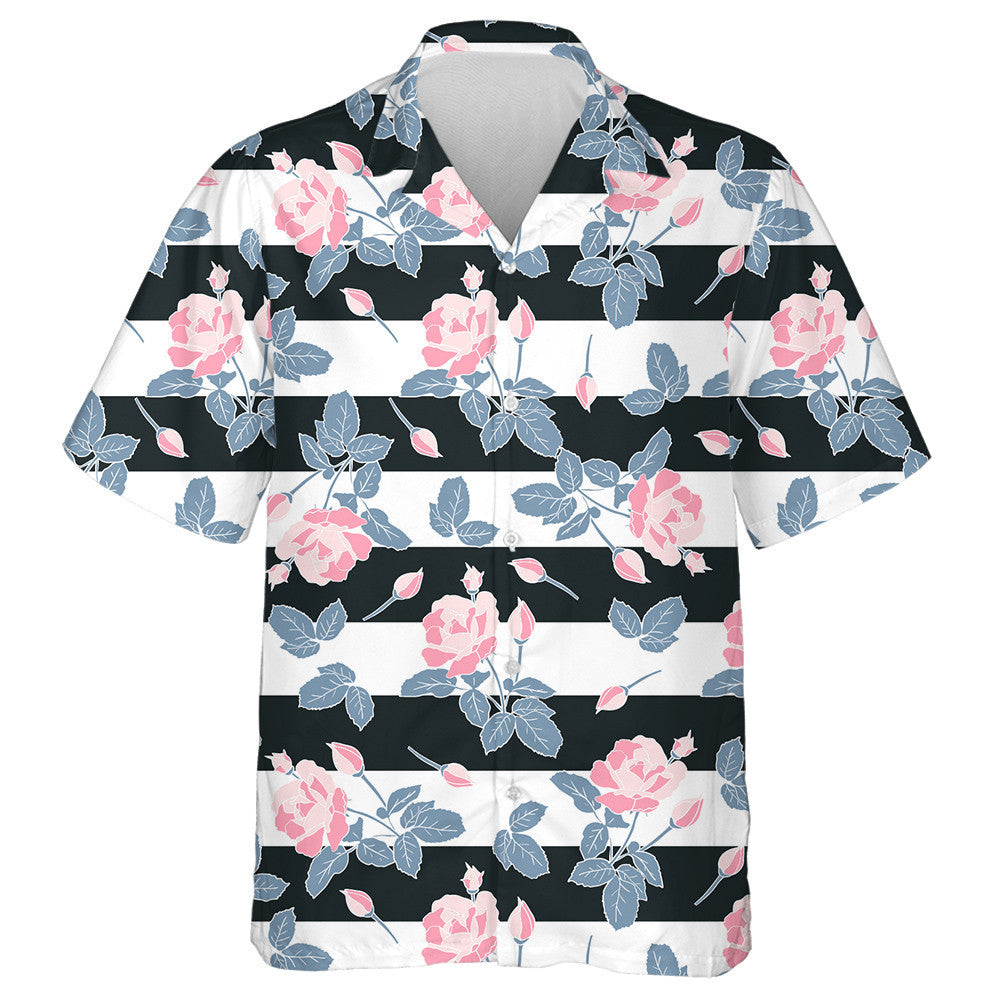 Black White Stripes Background With Watercolor Pink Rose Hawaiian Shirt, Hawaiian Shirt Gift, Christmas Gift