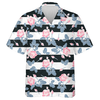 Black White Stripes Background With Watercolor Pink Rose Hawaiian Shirt, Hawaiian Shirt Gift, Christmas Gift