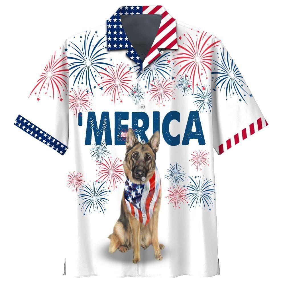 German Shepherd American Flag Red And White Firework Hawaiian Shirt, Hawaiian Shirt Gift, Christmas Gift
