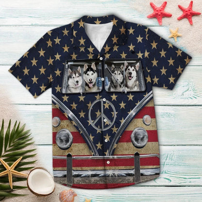 Happy Siberian Husky Family Riding Flag Hippie Bus Hawaiian Shirt, Hawaiian Shirt Gift, Christmas Gift
