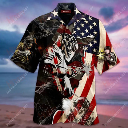 Patriotic Welder Unisex Hawaiian Shirt Ocean Short Sleeve Tactical Hawaiian Shirt Hawaiian Shirt Pattern, Hawaiian Shirt Gift, Christmas Gift