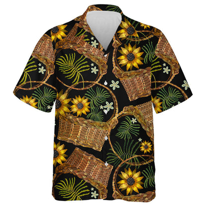 Embroidery Wicker Baskets And Sunflowers Vintage Garden Background Hawaiian Shirt, Hawaiian Shirt Gift, Christmas Gift