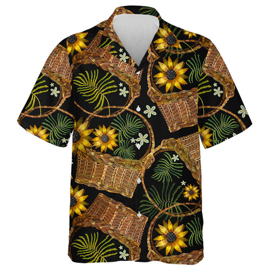 Embroidery Wicker Baskets And Sunflowers Vintage Garden Background Hawaiian Shirt, Hawaiian Shirt Gift, Christmas Gift