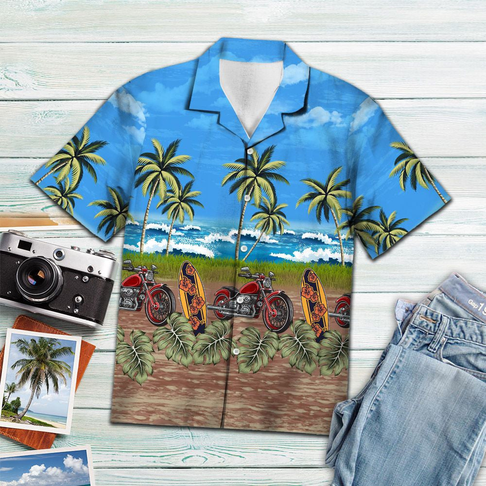 Tropical Palm Trees With Motorcycle Blue Ocean Sky Hawaiian Shirt, Hawaiian Shirt Gift, Christmas Gift