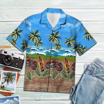 Tropical Palm Trees With Motorcycle Blue Ocean Sky Hawaiian Shirt, Hawaiian Shirt Gift, Christmas Gift
