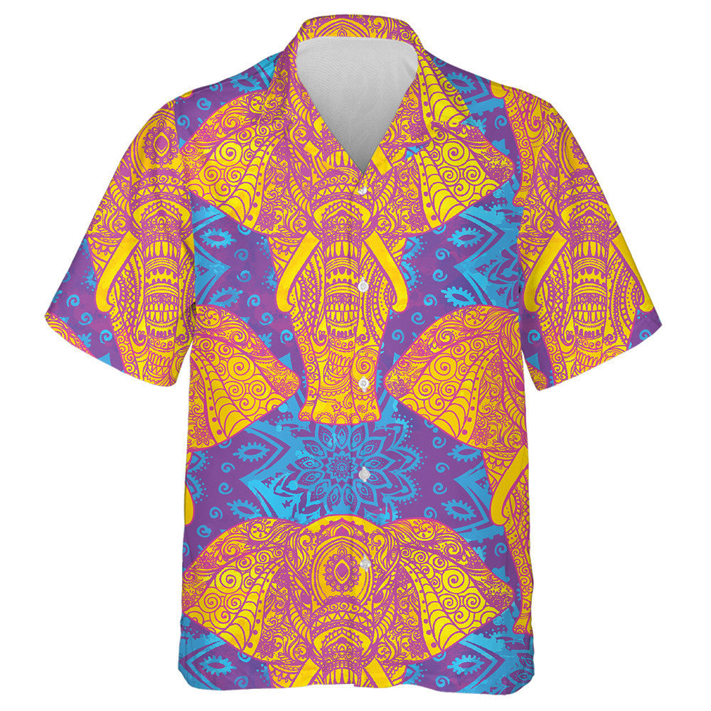Rosa und gelbes Elefanten-Mandala auf lila Hintergrund Hawaiihemd, Hawaiihemd Geschenk, Weihnachtsgeschenk