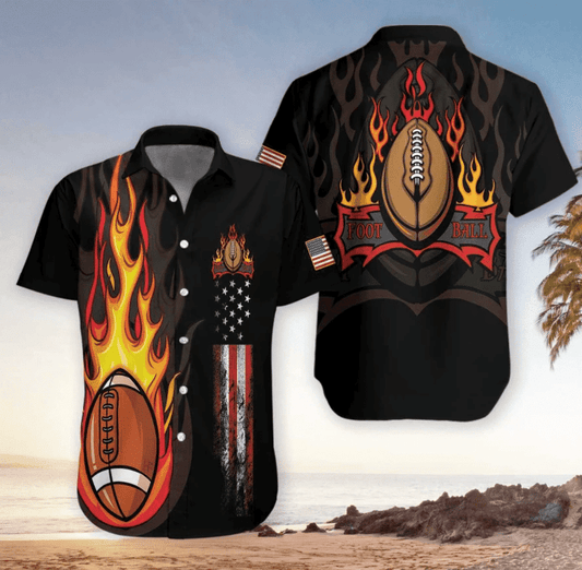Flame Football American Flag On Black Design Hawaiian Shirt, Hawaiian Shirt Gift, Christmas Gift