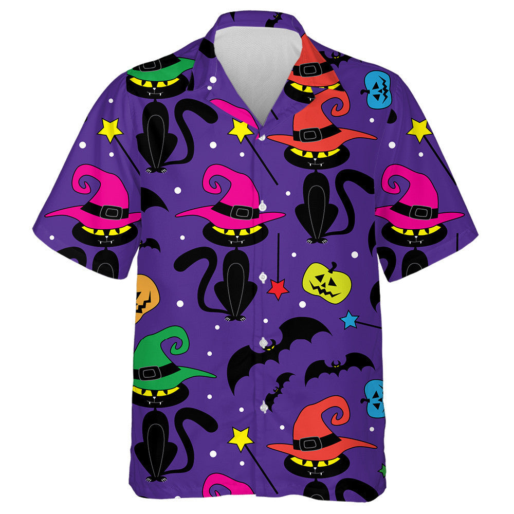 Black And Colorful Wizard Cats On Violet Background Hawaiian Shirt, Hawaiian Shirt Gift, Christmas Gift