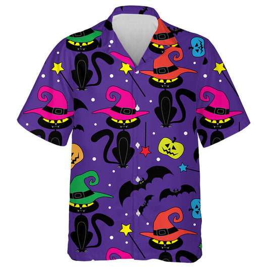 Black And Colorful Wizard Cats On Violet Background Hawaiian Shirt, Hawaiian Shirt Gift, Christmas Gift