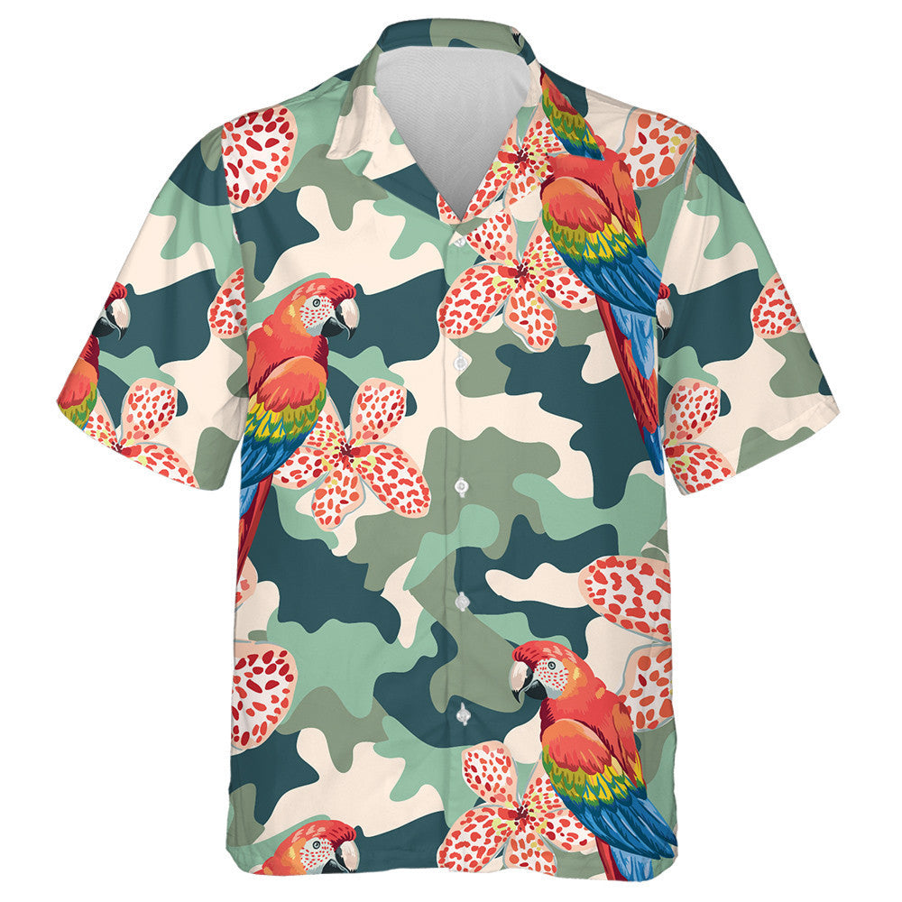 Trendy Painting Of Parrot Canna Flowers On Camo Background Hawaiian Shirt, Hawaiian Shirt Gift, Christmas Gift
