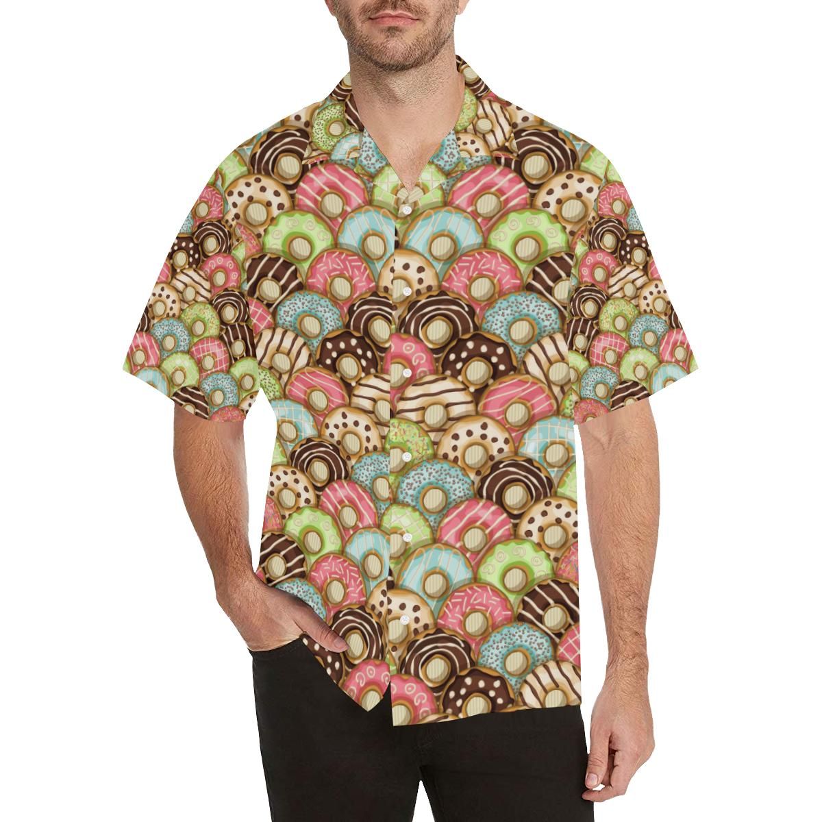 Donut Pattern Background Men'S All Over Print Hawaiian Aloha Shirt Hawaiian Shorts Beach Short Sleeve_Hawaiian Shirt Gift, Christmas Gift