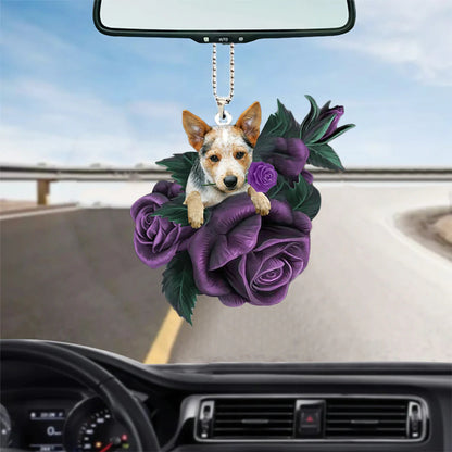 Heeler In Purple Rose Car Hanging Ornament, 3D Ornament Car Accessories, Christmas Decoration