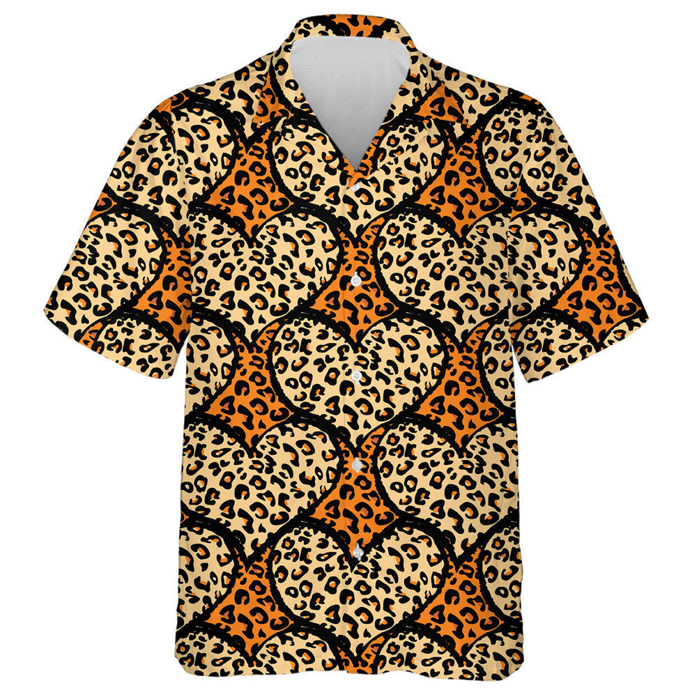 Wild African Leopard And Hearts On Orange Background Hawaiian Shirt, Hawaiian Shirt Gift, Christmas Gift