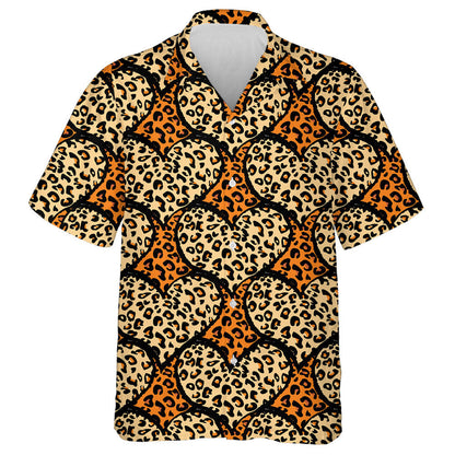 Wild African Leopard And Hearts On Orange Background Hawaiian Shirt, Hawaiian Shirt Gift, Christmas Gift