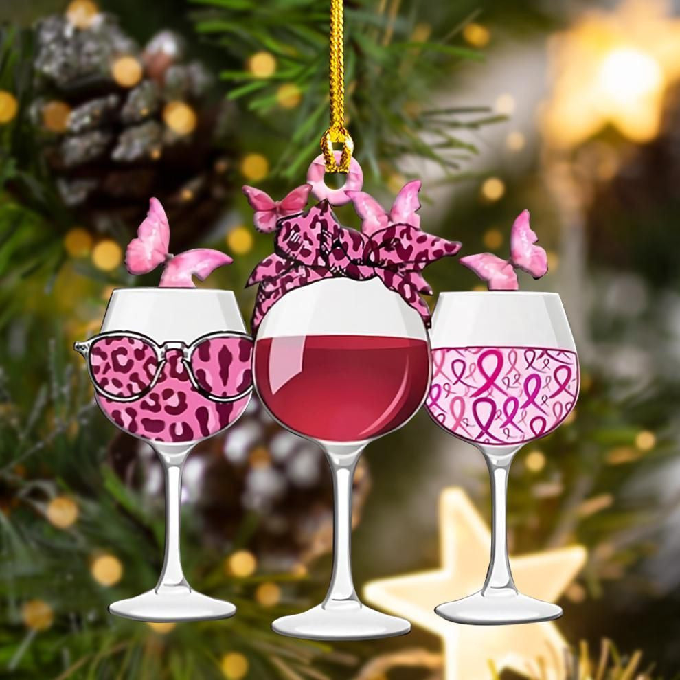 Breast Cancer Wine Shape Ornament, Christmas Gift, Christmas Decoration