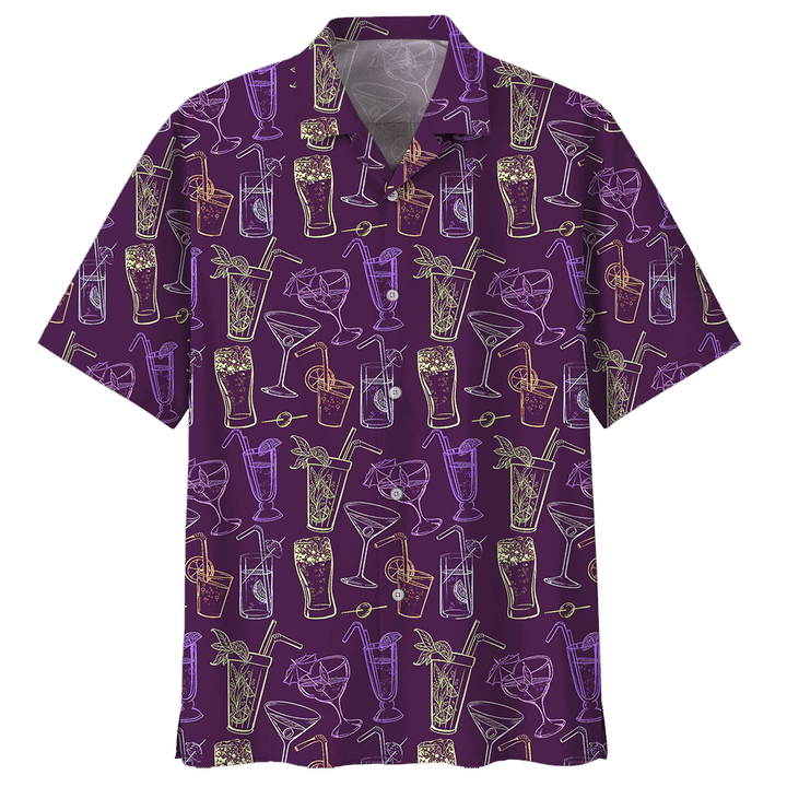 Cocktail On Purple Background Pattern Hawaiian Shirt, Hawaiian For Gift