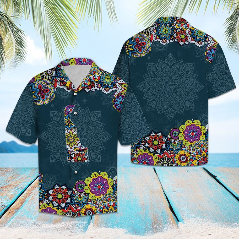 Map Of Delaware Mandala Patchwork Blue Pattern Hawaiian Shirt, Hawaiian Shirt Gift, Christmas Gift