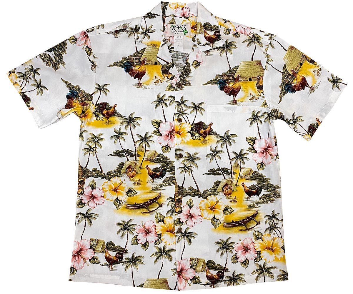 Village Chickens White Hawaiian Aloha Shirt Hawaiian Shorts Beach Short Sleeve, Hawaiian Shirt Gift, Christmas Gift