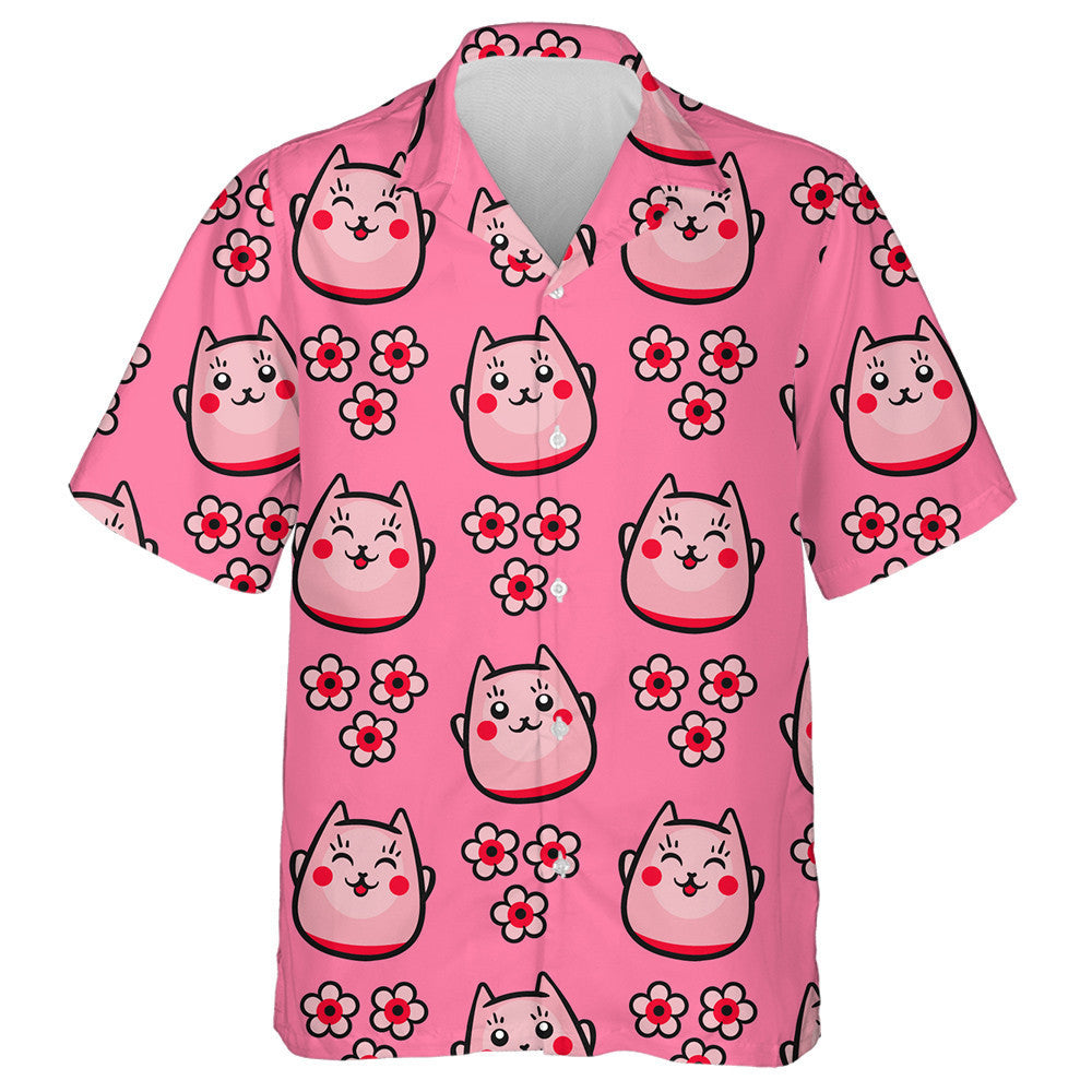 Japanese Cat Maneki Neko And Bright Pink Flowers Hawaiian Shirt, Hawaiian Shirt Gift, Christmas Gift
