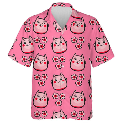 Japanese Cat Maneki Neko And Bright Pink Flowers Hawaiian Shirt, Hawaiian Shirt Gift, Christmas Gift