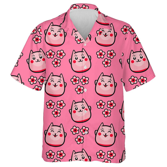 Japanese Cat Maneki Neko And Bright Pink Flowers Hawaiian Shirt, Hawaiian Shirt Gift, Christmas Gift