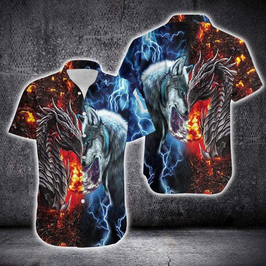 Eternal Feud Dragon And Wolf Background Hawaiian Shirt,Hawaiian Shirt Gift, Christmas Gift