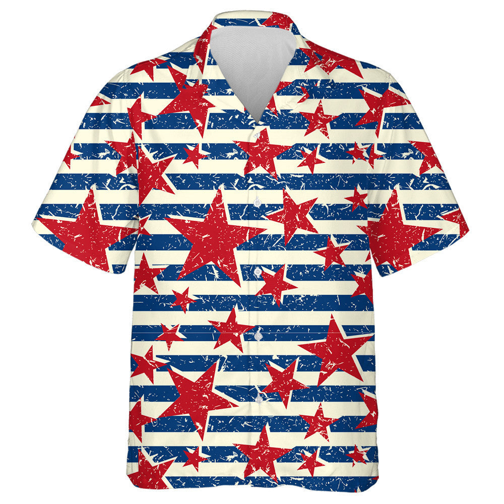 Retro Style American Red Star Blue Stripes Pattern Hawaiian Shirt, Hawaiian Shirt Gift, Christmas Gift